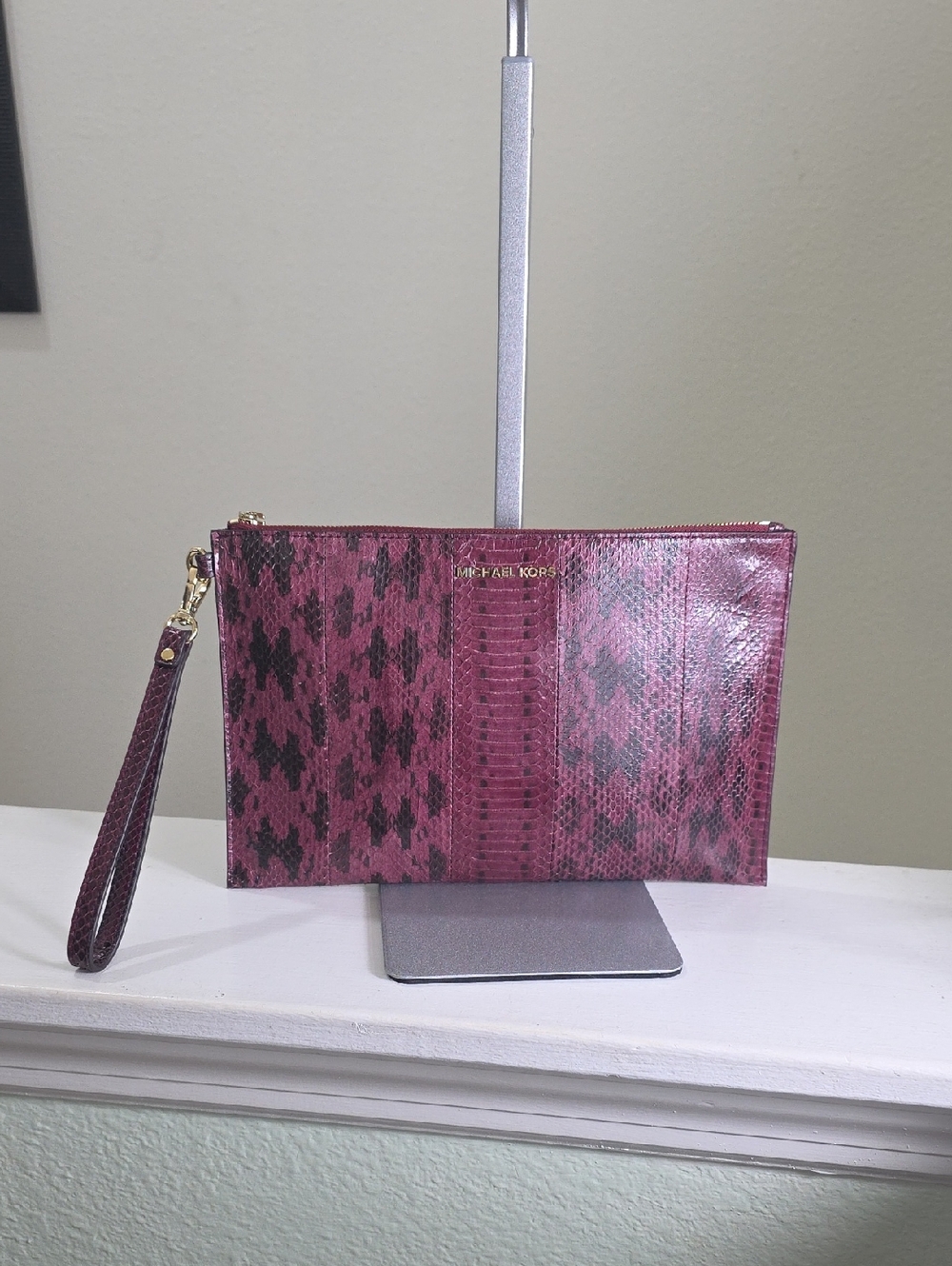 Michael Kors Purple/Gold Geniune Snake Skin Large Leather Wristlet EUC